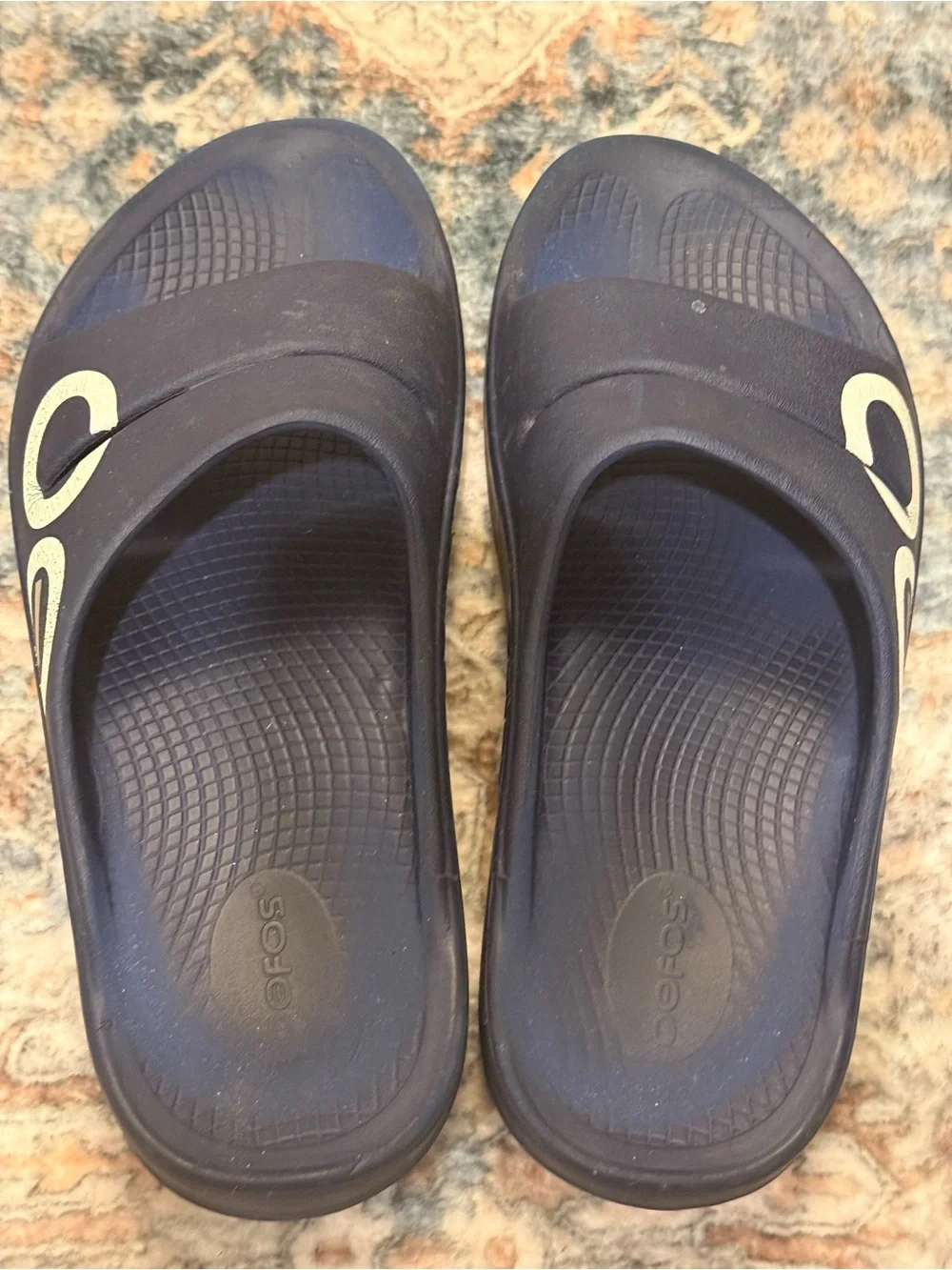 OOFOS Navy Blue Slide Sandals with White Logo